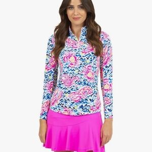 IBKUL Bonnie Long Sleeve Zip Pink Blue Lobster And Crab Punta Mita UPF 50 L